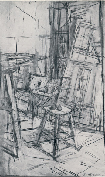 Alberto Giacometti 1901-1966. Olie maleri 70 cm x 42 cm i sort/ hvid gengivelse